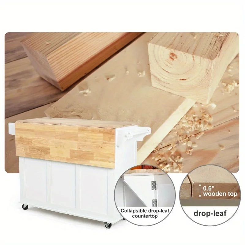 EROMMY Mobile Kitchen Island Cart with Wooden Top, Adjustable Shelves, Storage Drawers & Locking Wheels, White