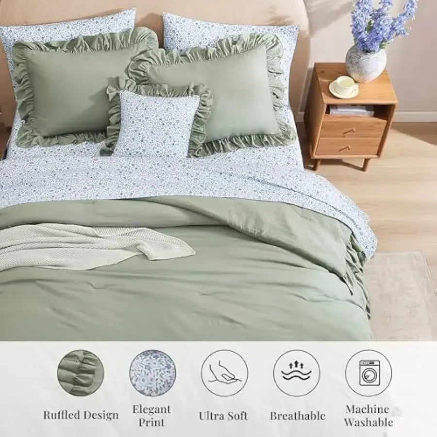 BLOOMHAVEN Queen Comforter Set - 7 Pieces Ruffle Sage Green Bedding Sets, Shabby Chic Farmhouse Bed in a Bag Queen with Ruffle C