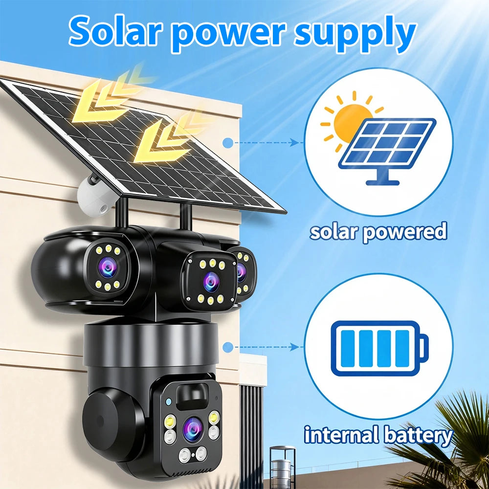 4G WiFi Dual Mode Solar Security Camera 4 Lens Triple Screen 360° Rotation Outdoor Wireless Waterproof Motion Alert Surveillance Cam