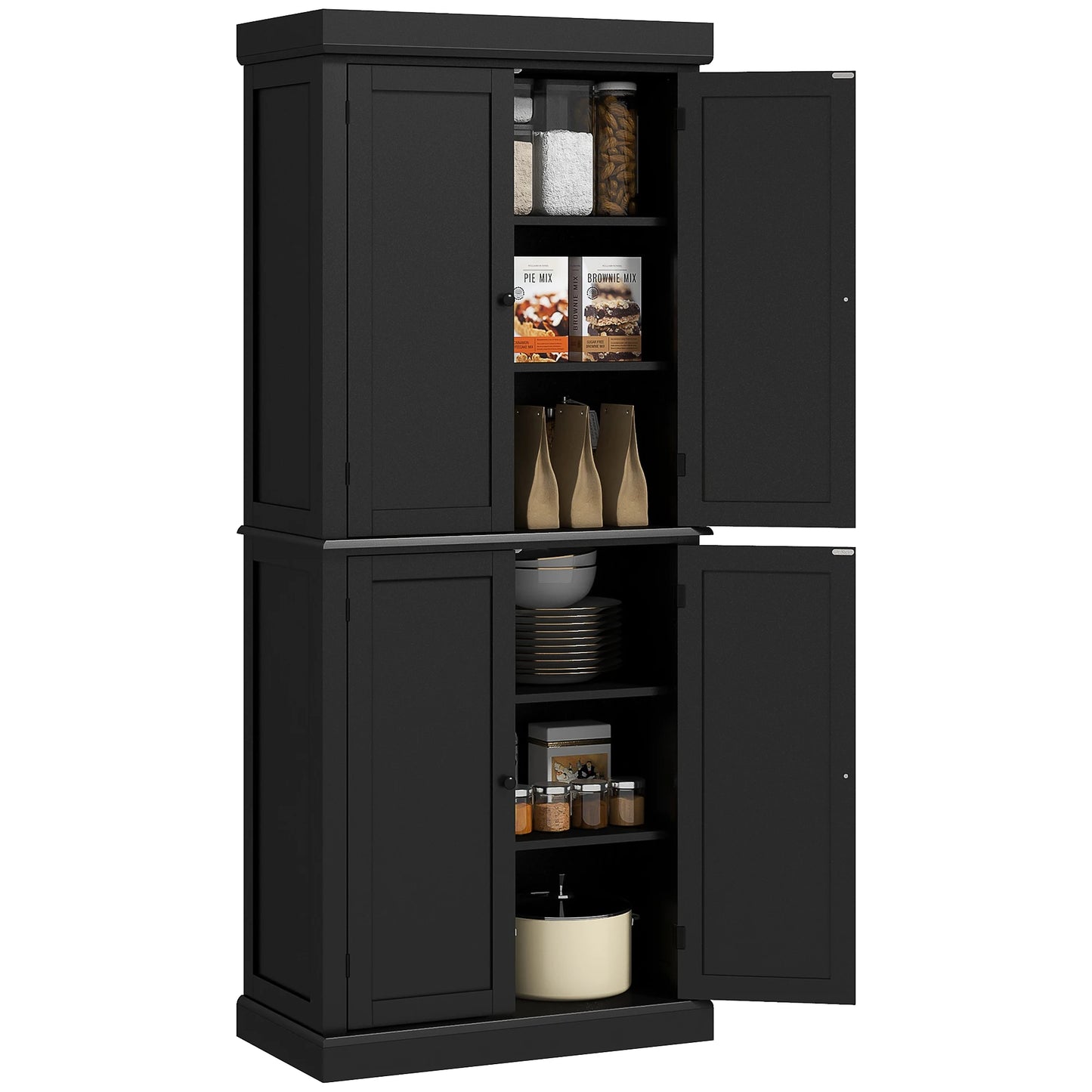 HOMCOM 72.5" Tall Kitchen Pantry Cabinet, Freestanding Modern Farmhouse Kitchen Storage Cabinet with 4 Doors and 2 Adjustable Shelves for Dining Room, Black
