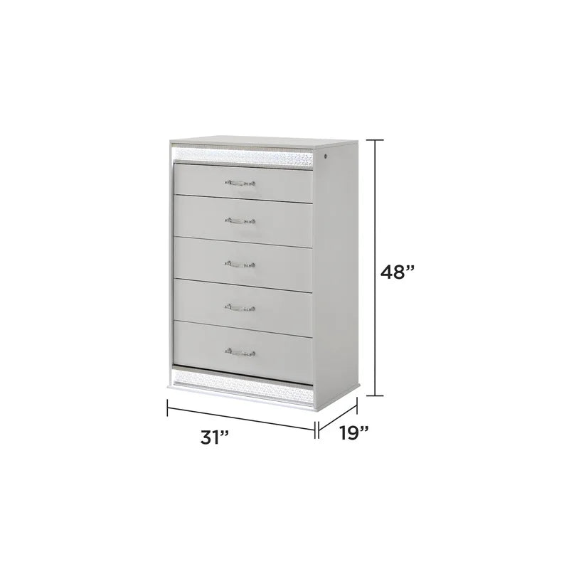 White Wood Queen Bedroom Set with LED Headboard, Modern Glam Design, 5-Piece