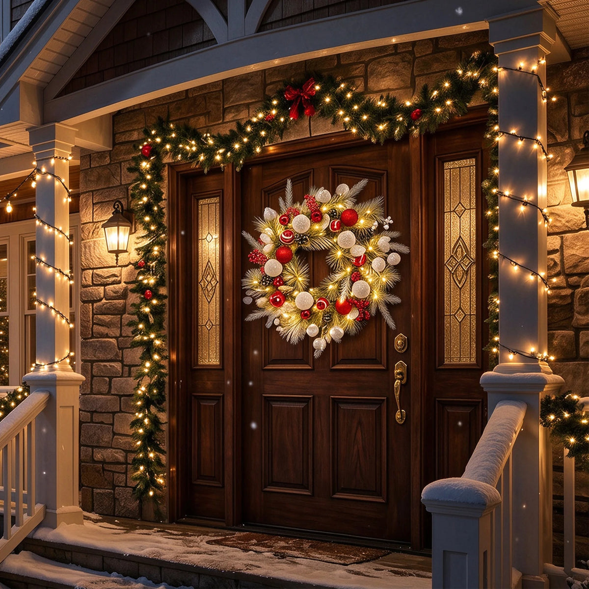 24 Inch Pre-Lit Flocked Christmas Ball Wreath, 20 LED Lights 8 Modes Timer, Full PVC Front Door Mantel Holiday Wall Decor