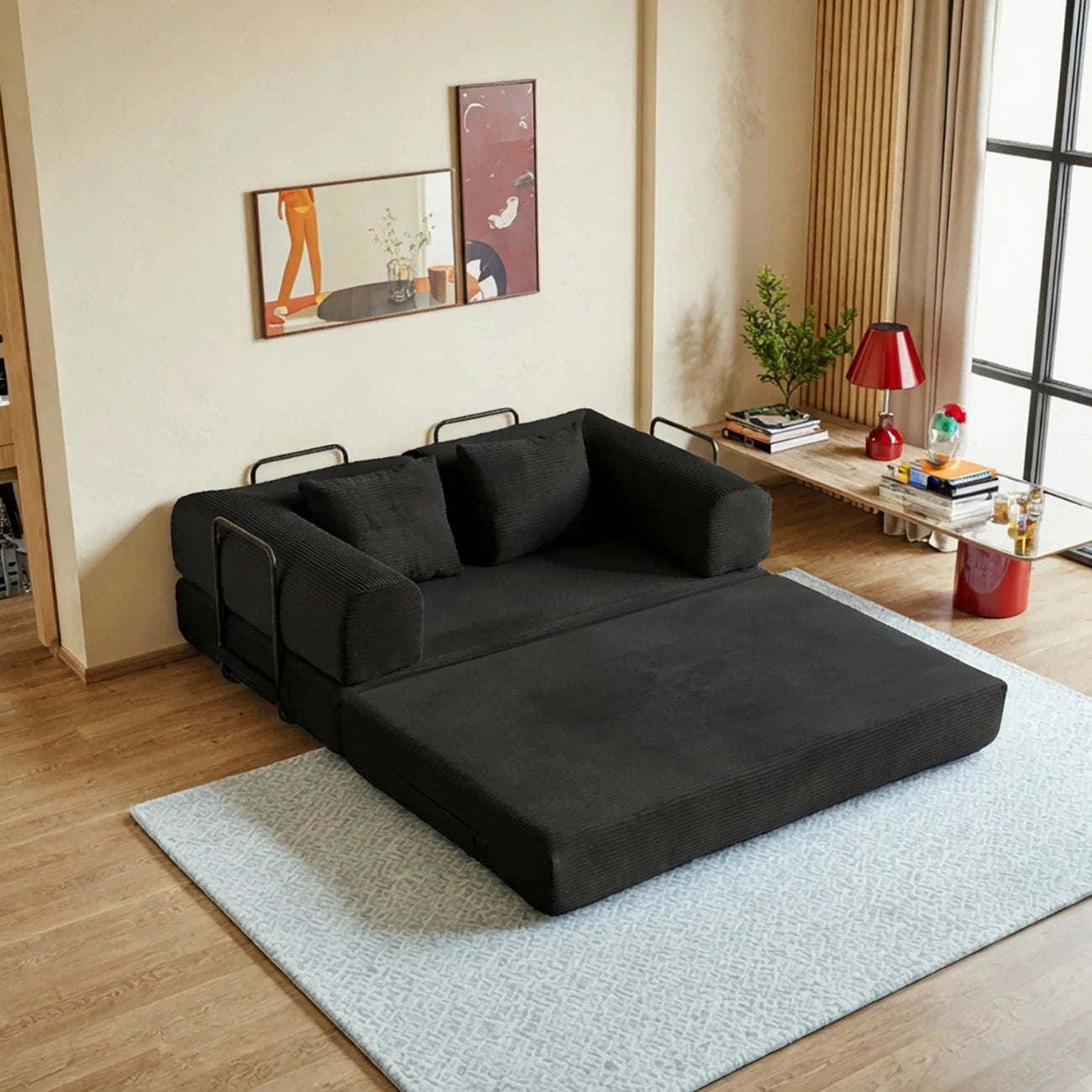 59" 4-in-1 Cloud Boneless Convertible Floor Sofa Bed,High-Density Sponge & Corduroy Fabric Futon Daybed for Living Room Bedroom
