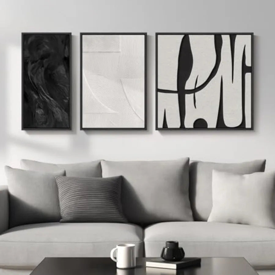 Living room wall decor: black and white abstract canvas prints, 3-piece set, modern minimalist style, cotton canvas material, n