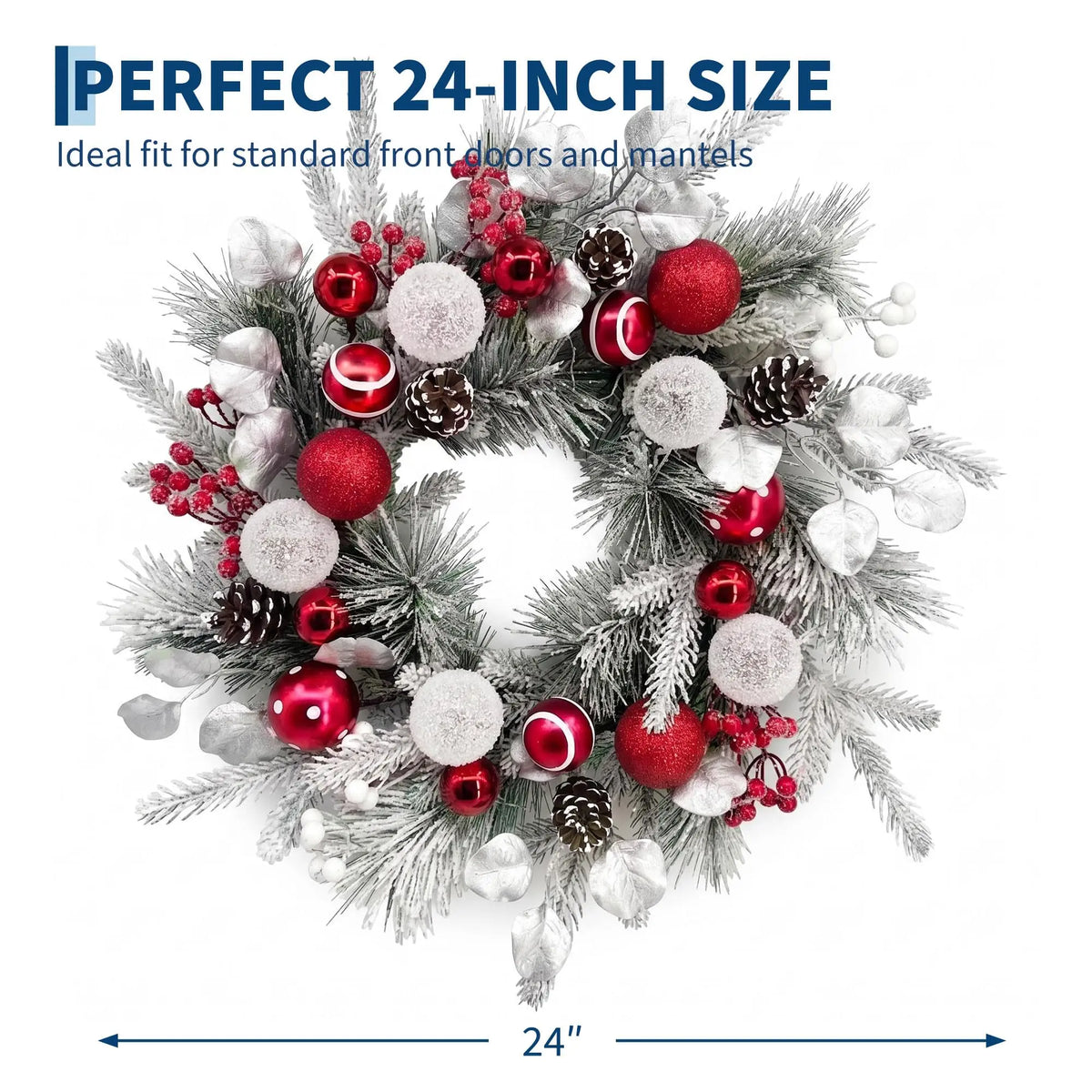 24 Inch Pre-Lit Flocked Christmas Ball Wreath, 20 LED Lights 8 Modes Timer, Full PVC Front Door Mantel Holiday Wall Decor