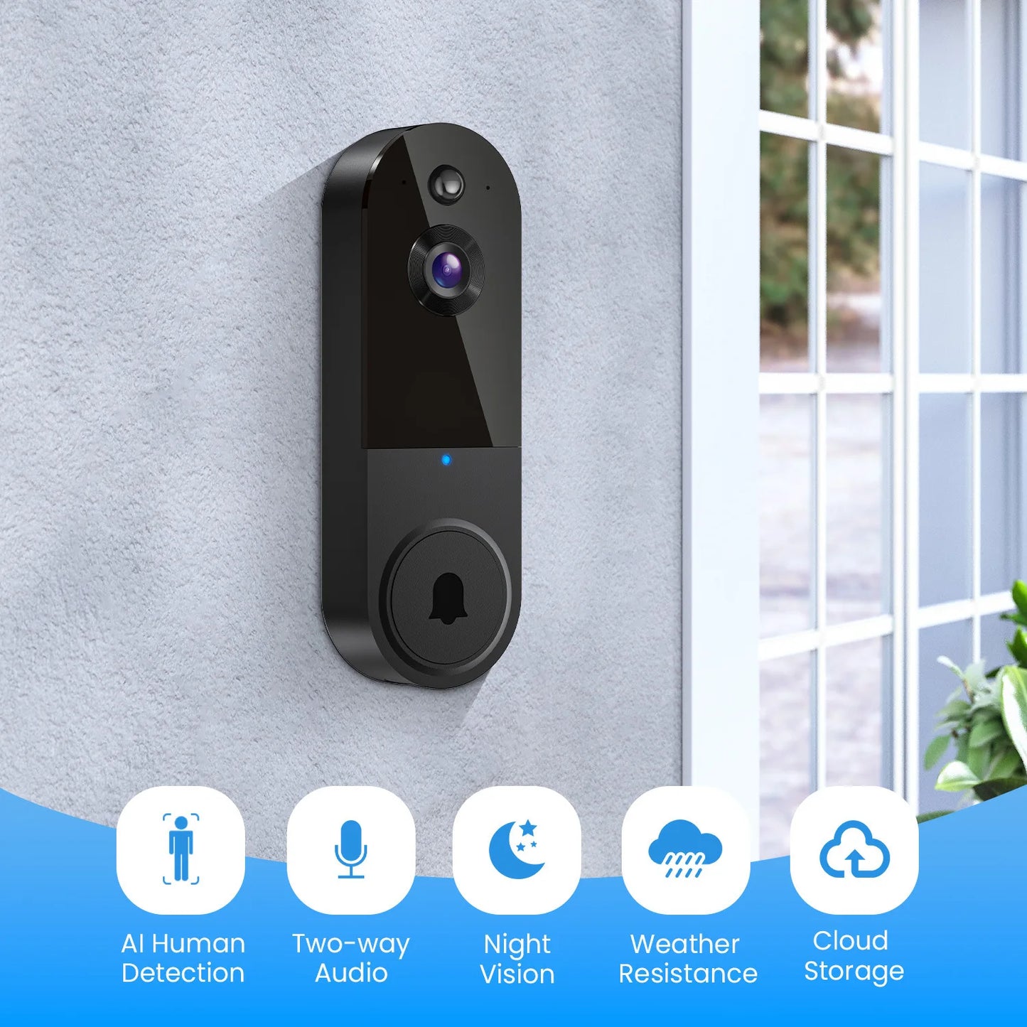 Smart video doorbell with wireless remote video intercom, human detection, HD night vision, and smart home monitoring