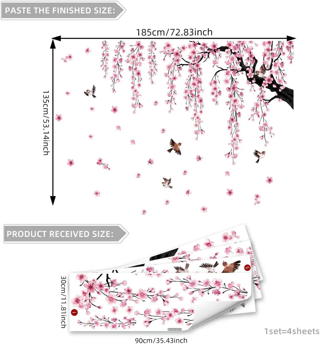 Large Cherry Blossom Tree Wall Decals Peel and Stick Pink Floral Wall Art Stickers for Living Room Bedroom