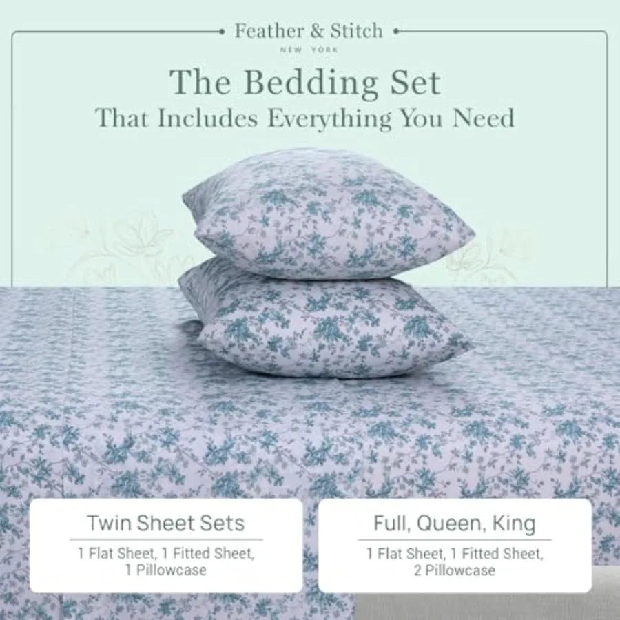 Feather and Stitch Softest 100% Cotton Sheets 300 Thread Count Percale Weave Bedding 16" Deep Pocket Cooling Sheets Breathable