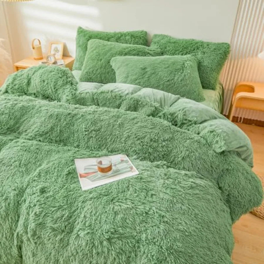 Fluffy Faux Fur Comforter Cover Set Fluffy Fuzzy Plush Bedding 3Pcs 1 Faux Fur Duvet Cover +2 Fuzzy Pillowcases Fluffy Bed Set