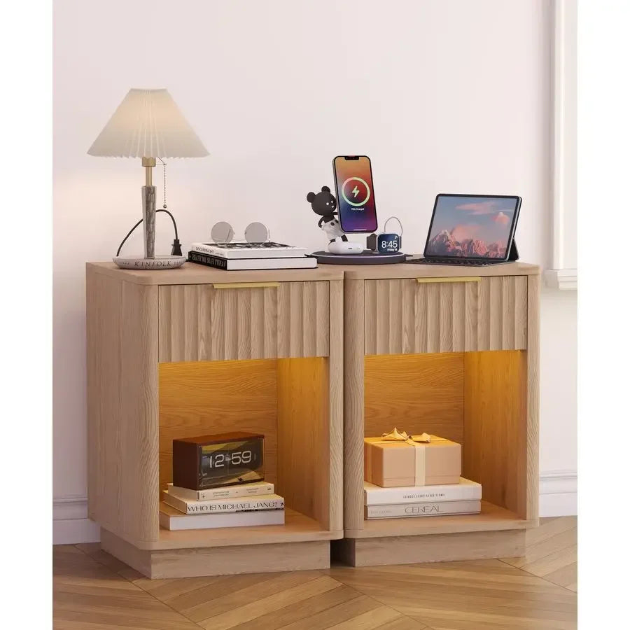 Nightstands Set of 2, Wooden Night Stand with Charging Station and LED Light, Modern Mid Century Bed Side End Table with Drawer