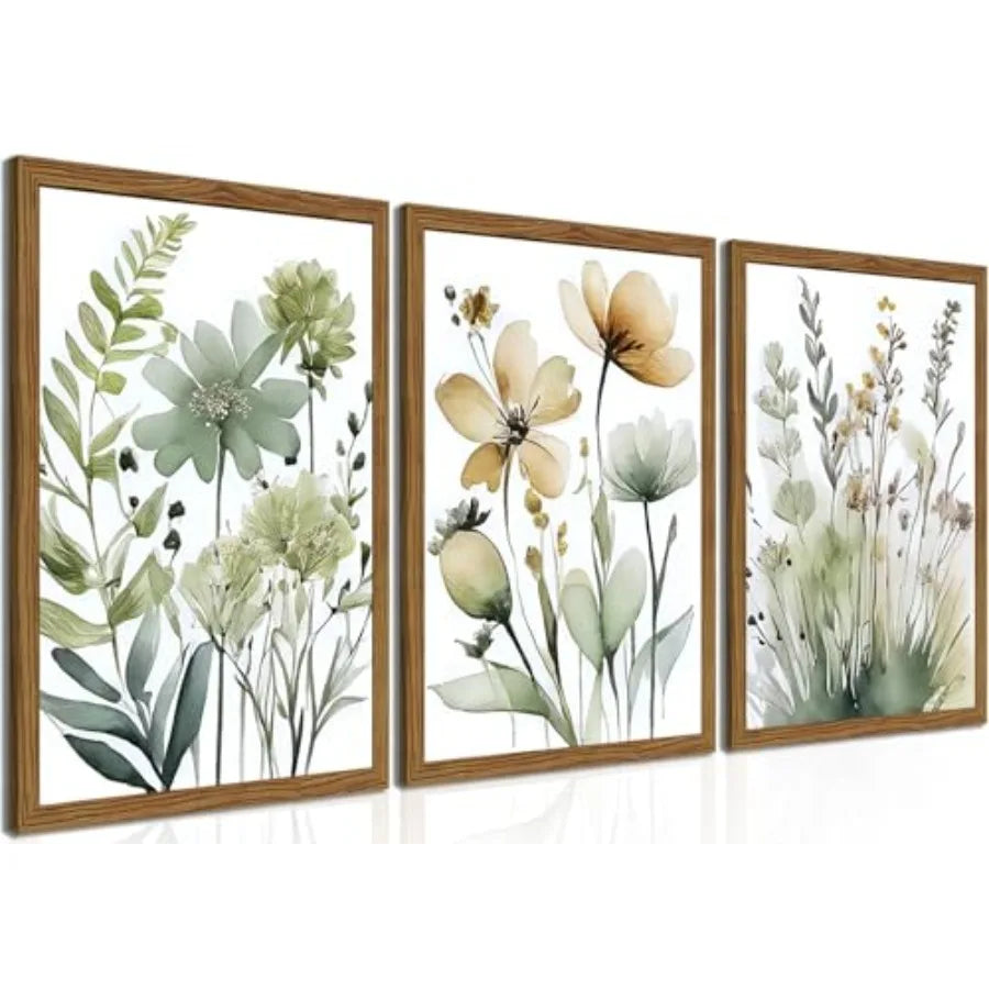 Wood Framed Sage Green Botanical Wall Art Set of 3 for Bedroom Bathroom Living Room, Boho Floral Canvas Prints, Minimalist Flow