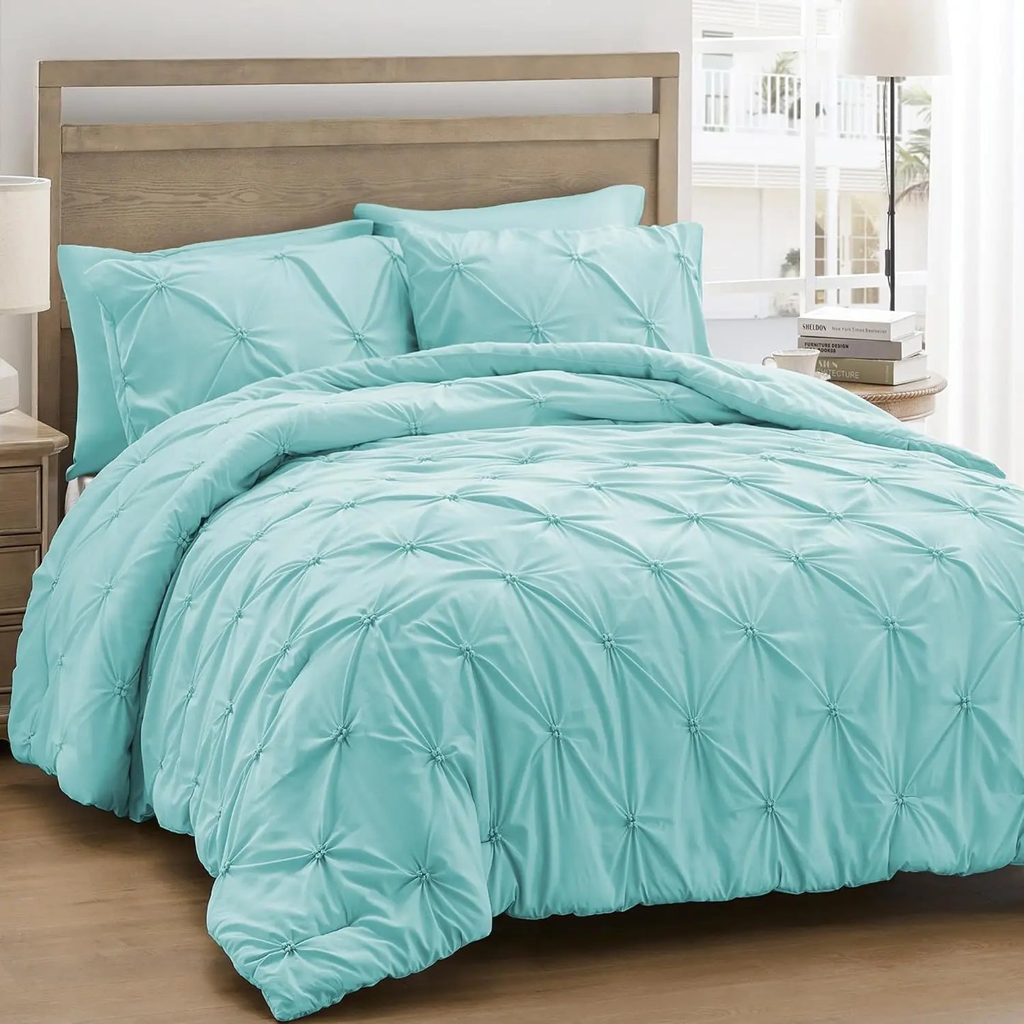 King Size Comforter Set Aqua Blue - Ultra Soft Boho Pinch Pleat Down Alternative Bedding 3 Pieces Lightweight Warm All Seasons