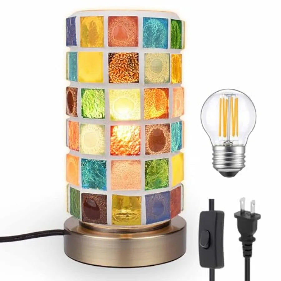 Stained Glass Table Lamp for Bedroom Bedside Bohemian Turkish Small Nightstand Lamp Night Light Metal Base Round Colored Glass