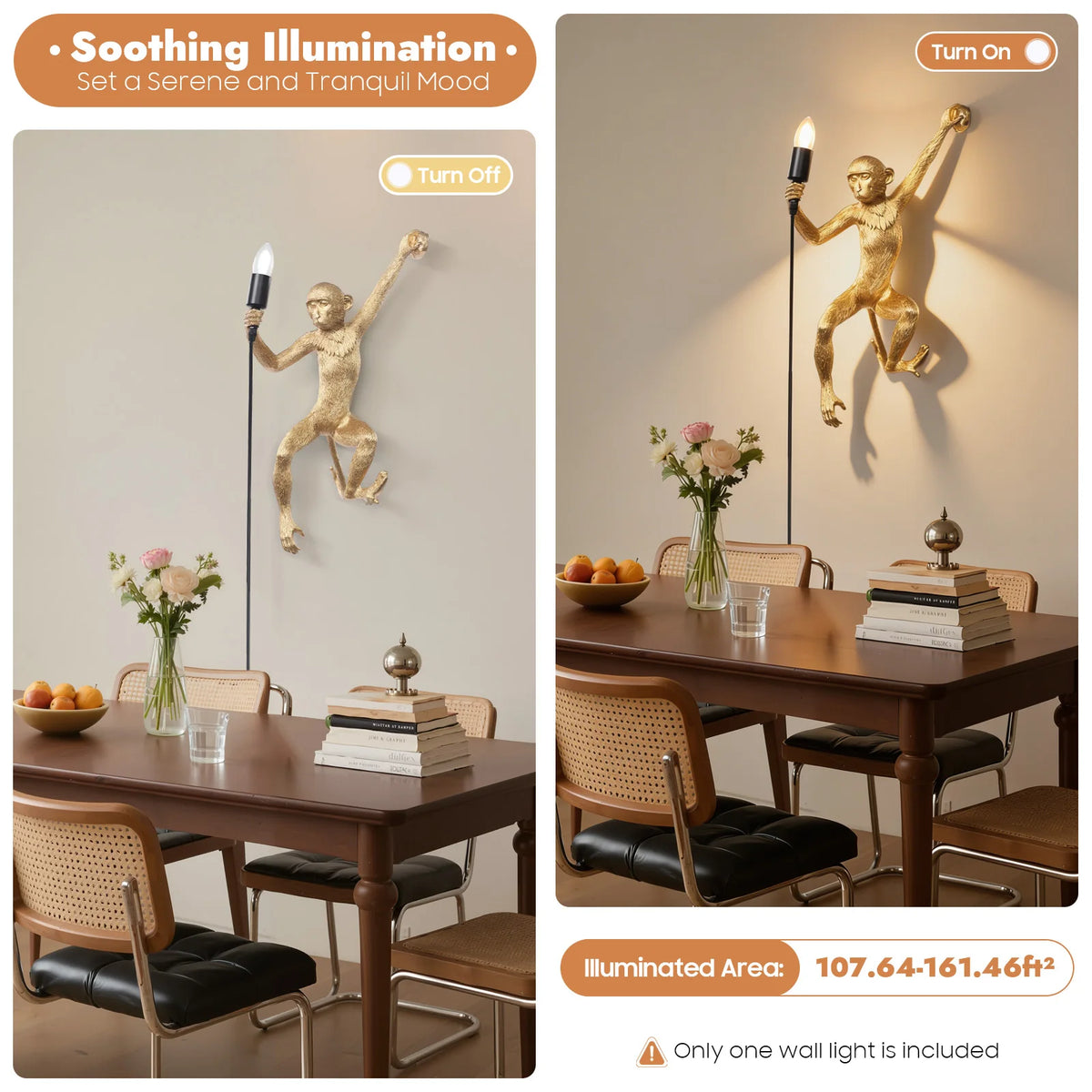 Monkey Shape Wall Lamp 60W E26 Resin Wall Mount Light Fixture with 5.9ft Cord for Bedroom Living Room Decor
