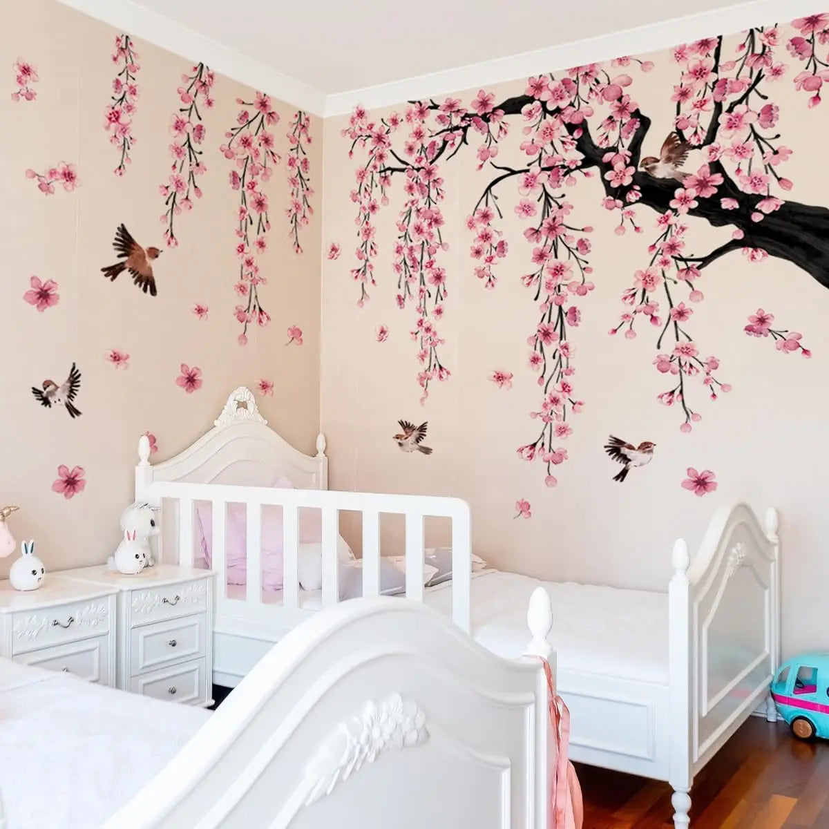 Large Cherry Blossom Tree Wall Decals Peel and Stick Pink Floral Wall Art Stickers for Living Room Bedroom
