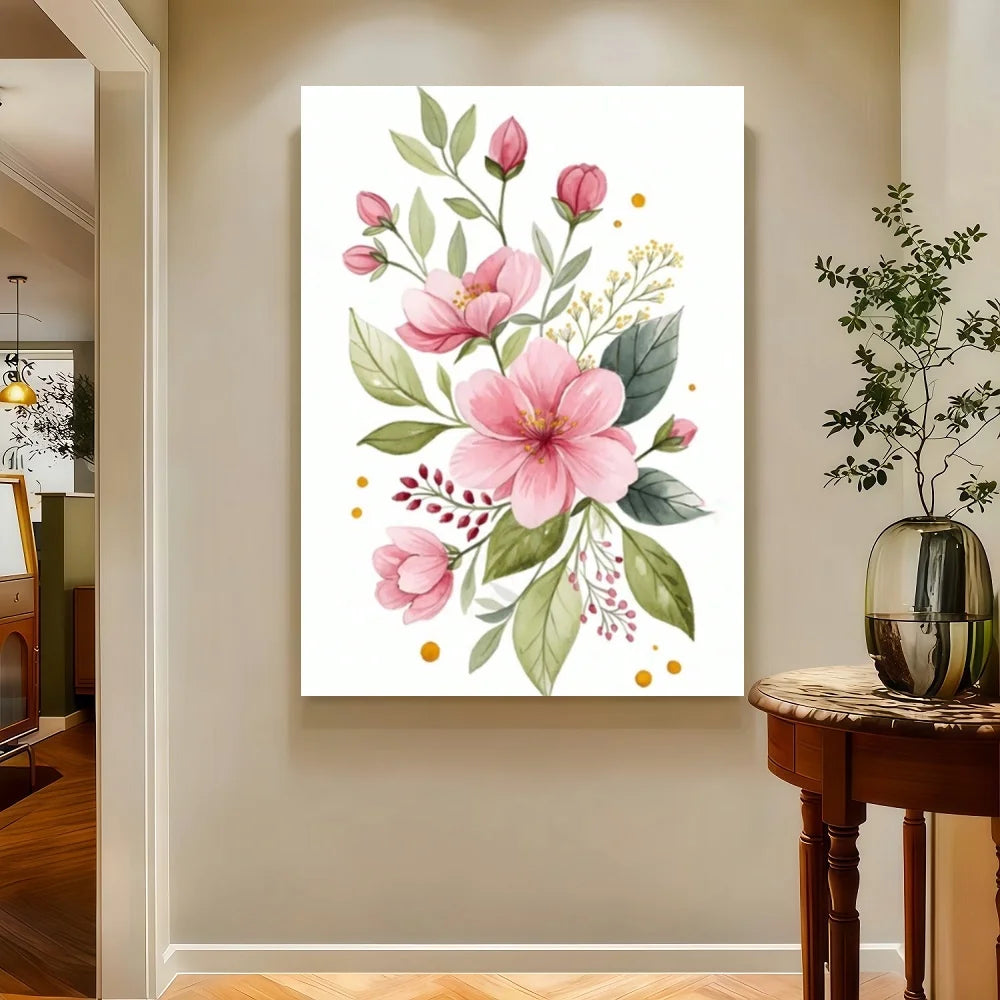 Framed 1pc Pink Plum Blossoms Canvas Wall Art - Animation Art Style Floral Print With Soft Pink & Green Hues, High-Quality Canva