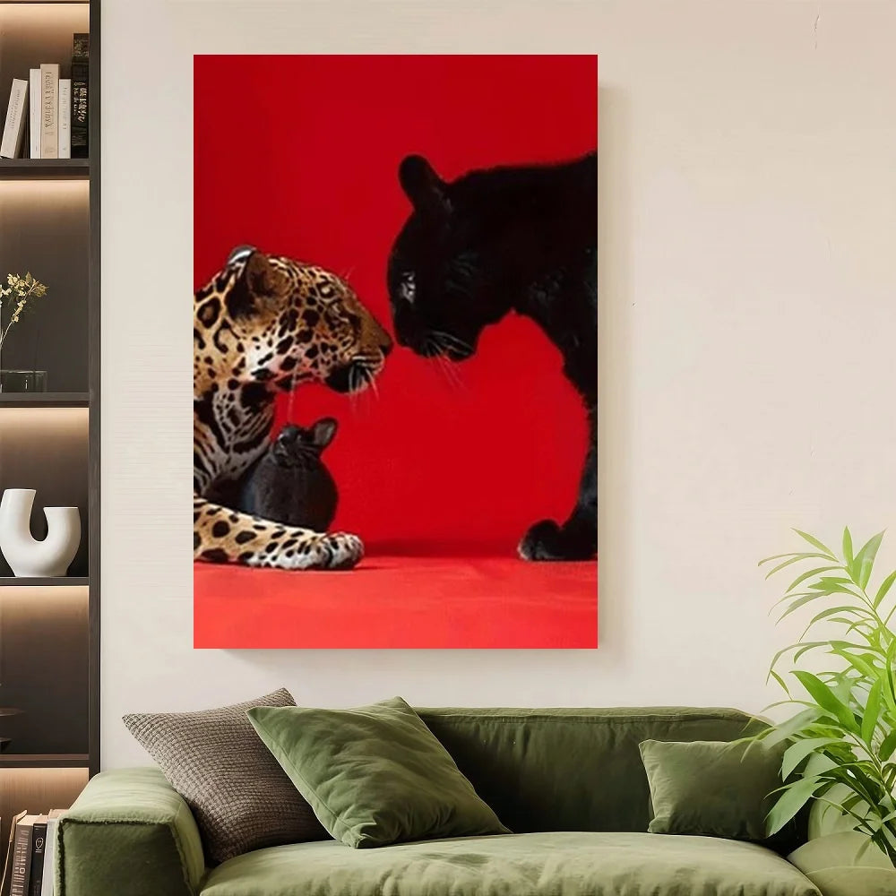 Framed 1pc Framed Leopard Print Canvas Wall Art - Modern Black & White Animal Portrait With Red Background, Perfect For Living R