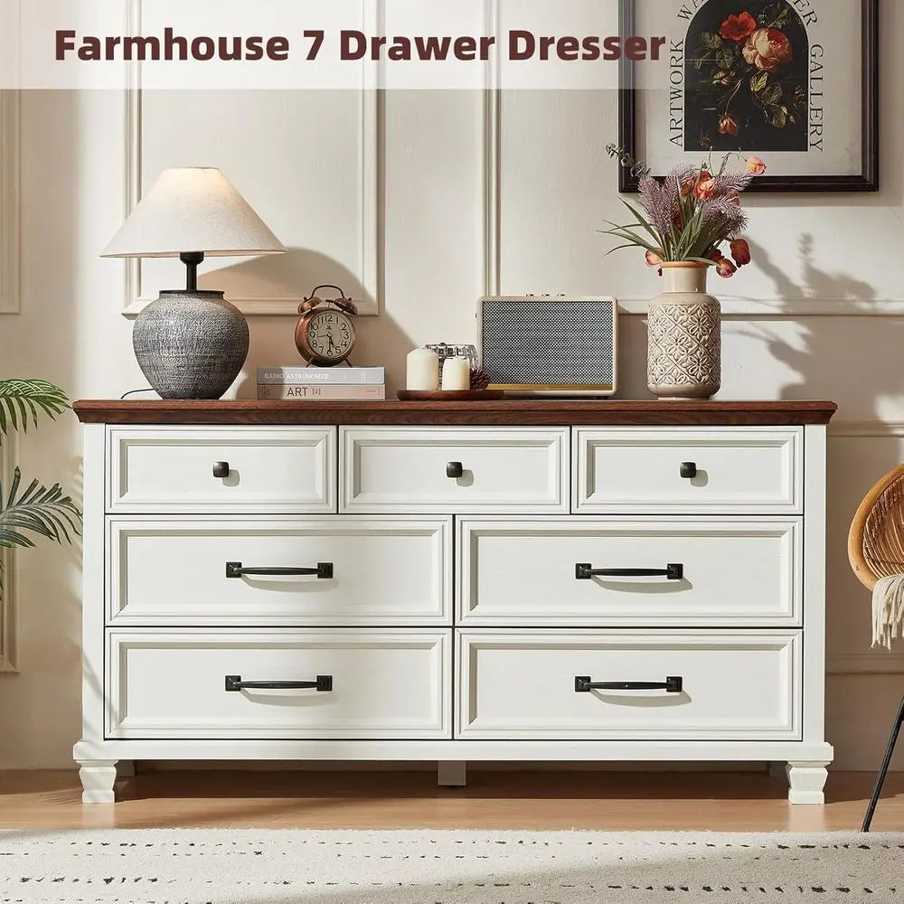 3-Piece Rustic White Wood Bedroom Furniture Set: 7-Drawer Dresser & 2-Drawer Nightstands
