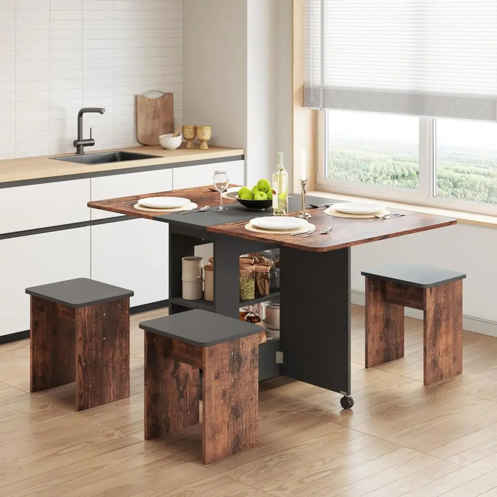 Space-Saving 4-Piece Dining Set with Drop Leaf Table and Chairs, Storage and Wheels, Rustic Brown & Black Kitchen Dining