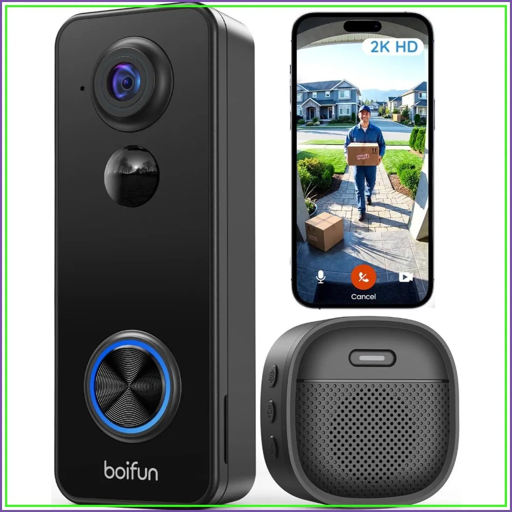 180° Wide View 2K HD Video Doorbell, No Subscription, AI Human Detection, Night Vision, Two-Way Audio, Battery Powered with Chime, 2.4GHz Wi-Fi