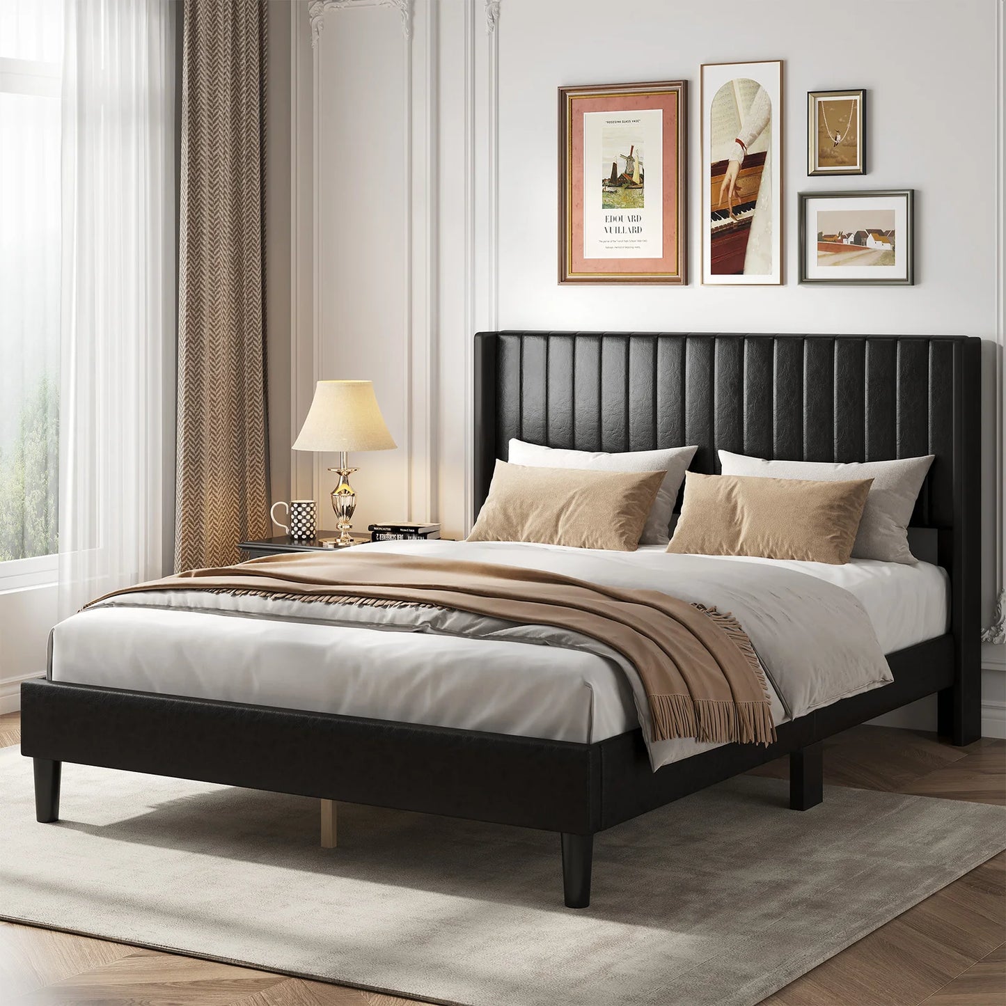 JHK Basic Upholstered Platform Bed Frame with Modern Wingback Headboard Wooden Slats 800lbs Capacity No Box Spring Needed Easy Assembly For Bedroom