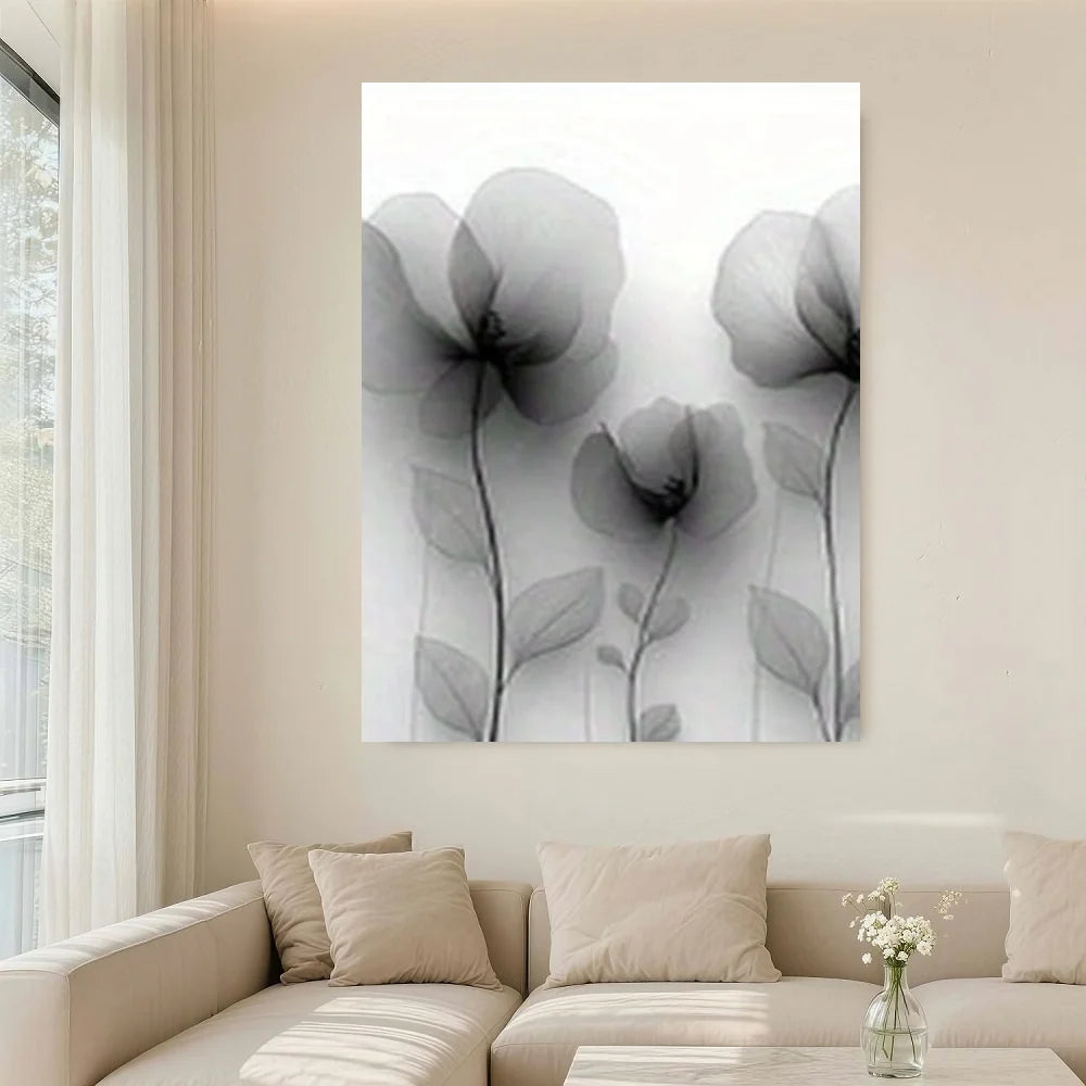 2D Flat, Modern Black & White Abstract Line Flower - Black & White Wood Framed Canvas Wall Art With Wrap-Around Frame, Minimalis