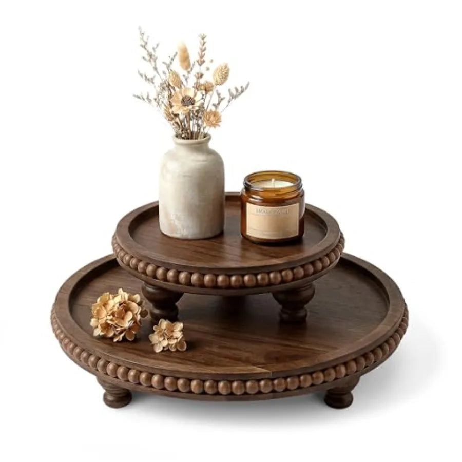 Round Pine Wooden Display Riser Set of 2 for Home Decor - Beaded Pedestal Stand for Bathroom and Coffee Table - Decorative Tray
