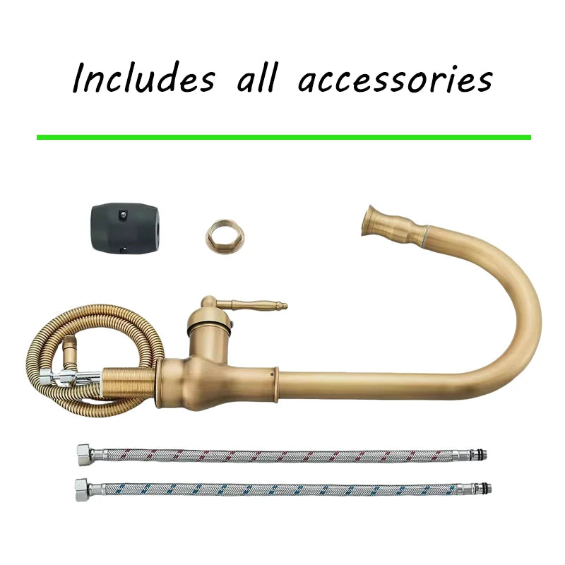 Vintage Brass Kitchen Sink Faucet Pull Out Nozzle Spray Single Handle Cold And Hot Water Mixing 360 ° Rotary Deck Mounted