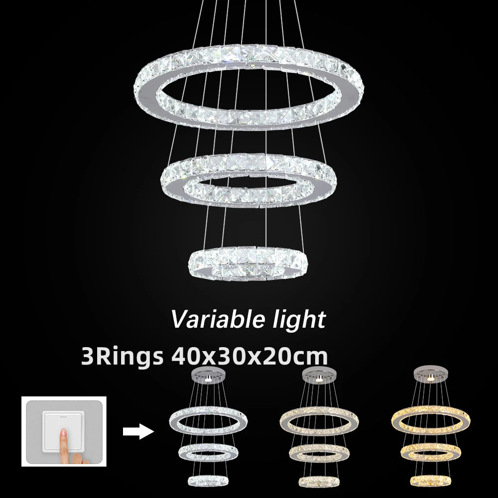 Modern Crystal Chrome Led Pendant Light Fixture Rings Adjustable Chandelier Dimming Lamp  for Living Room Bedroom Hanging Lustre