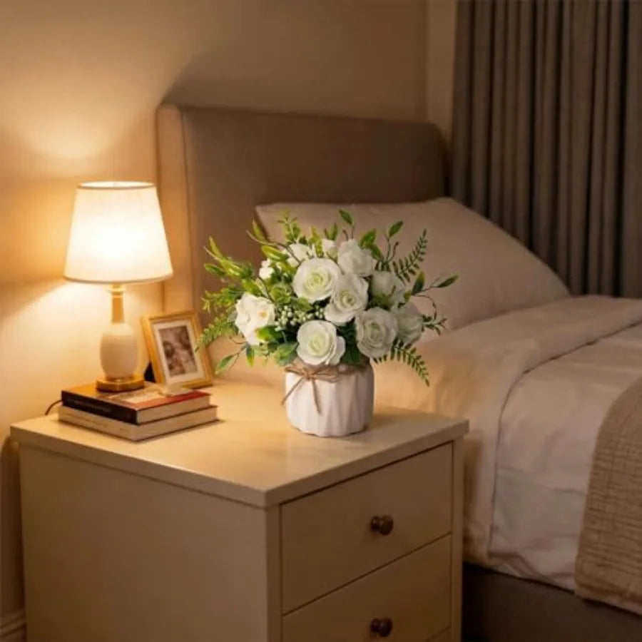 Faux Flowers with Vase, Artificial Silk Rose in Vase Silk Rose Artificial Flowers with Vase for Coffee Table Decor, Living Room