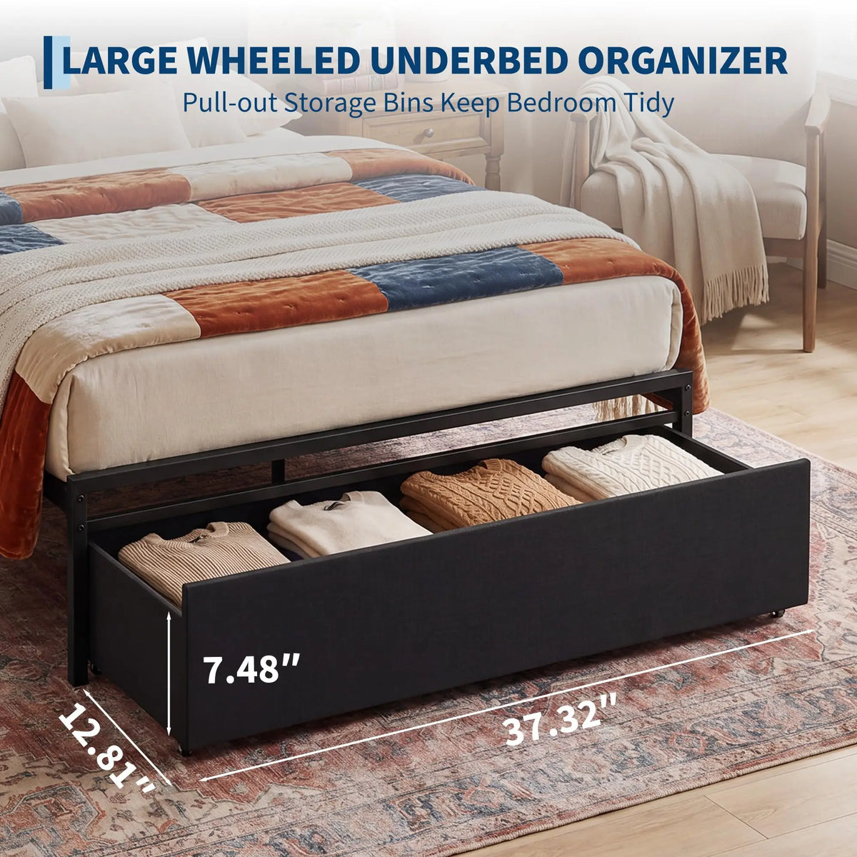 Twin Full Queen Upholstered Metal Platform Bed Frame With Storage Drawers, Headboard Charging Station, V-Pattern, No Box Spring