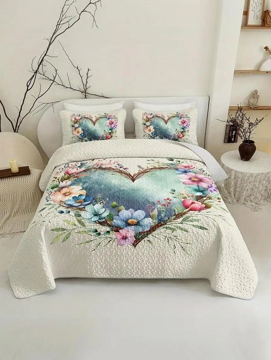 Quilted Floral Print Bedding Set With Pillowcases Soft Breathable Machine Washable Twin Queen King