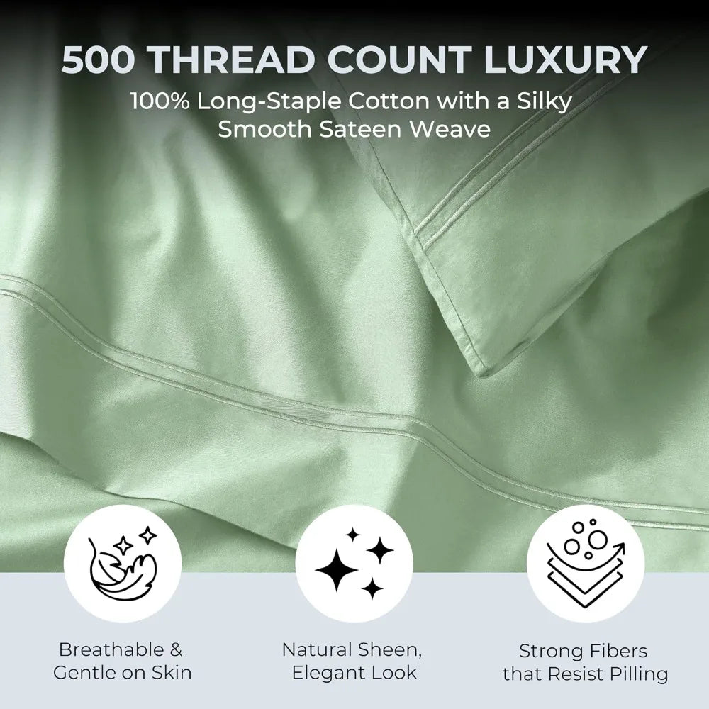 100% Cotton Sateen Bed Sheets - 500 TC, Deep Pocket, 4-Piece Set, Sage