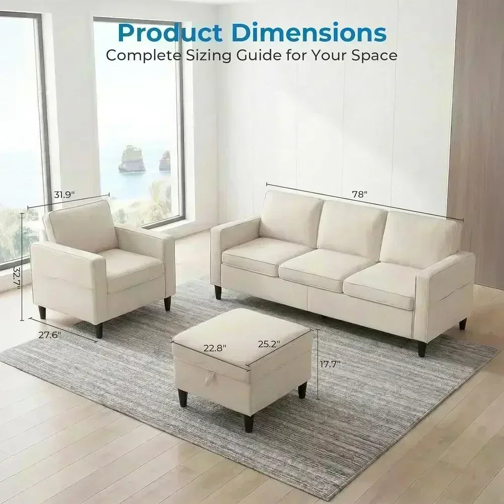 78" Width 3 Pieces L Shaped Soa Couches Sets or Living Room Sets urniture, Linen 4 Seater Small Sectional Living Room Soa Couch