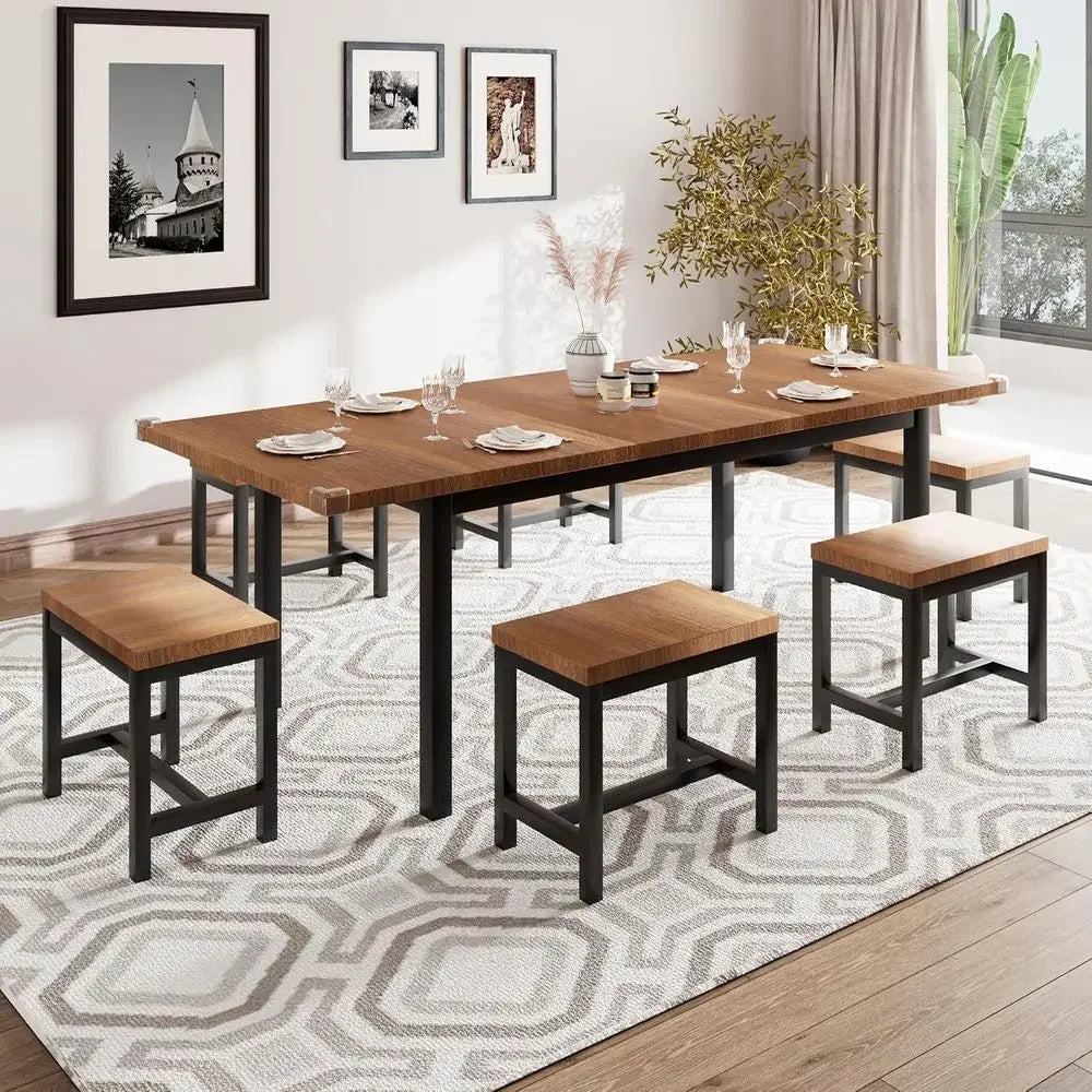 7-Piece Dining Table Set with 6 Stools, 63" Exble Kitchen Table Set or 4-8, ern Dining Room Table with Sturdy Metal e, Space-Sav