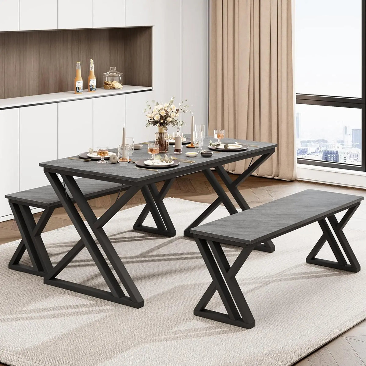 Kitchen Table Set with 2 Benches Space Saving Dining Room Table & Benches Sturdy Metal Frame Dinette Set for Home Grey
