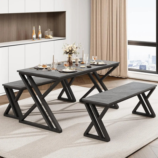 Kitchen Table Set with 2 Benches Space Saving Dining Room Table & Benches Sturdy Metal Frame Dinette Set for Home Grey