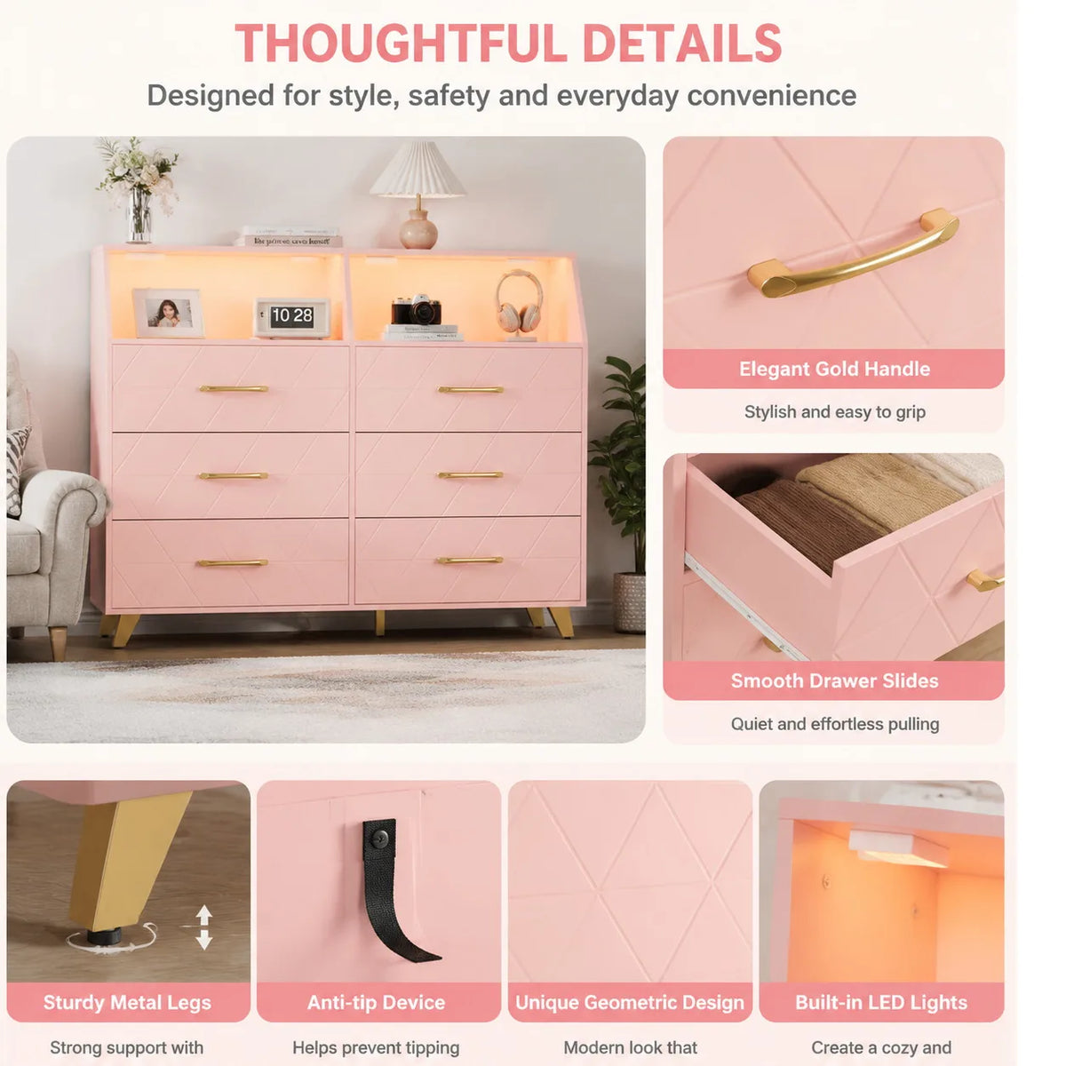 Modern 6 Drawer Dresser with LED Lights Charging Station Pink Wood Storage Cabinet Bedroom Chest of Drawers with Metal Legs Entryway Organizer