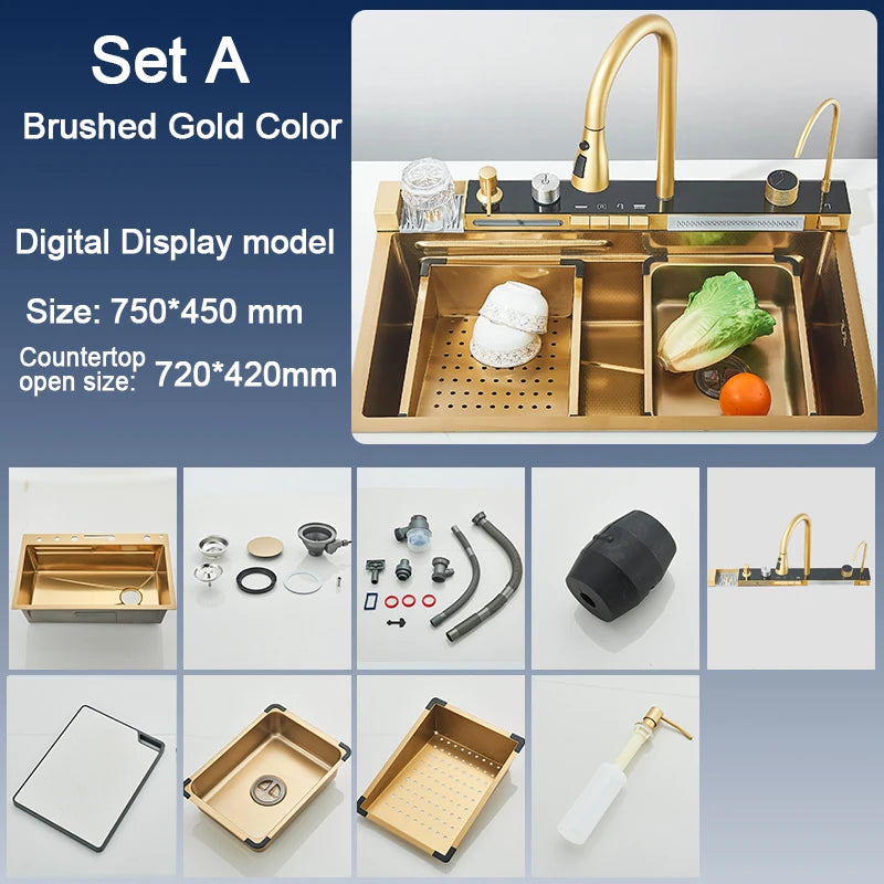 Stainless Steel Kitchen Sink with Faucet 75*45cm Large Single Bowl Digital Display Dish Basin Sink Waterfall Hot Cold Faucets