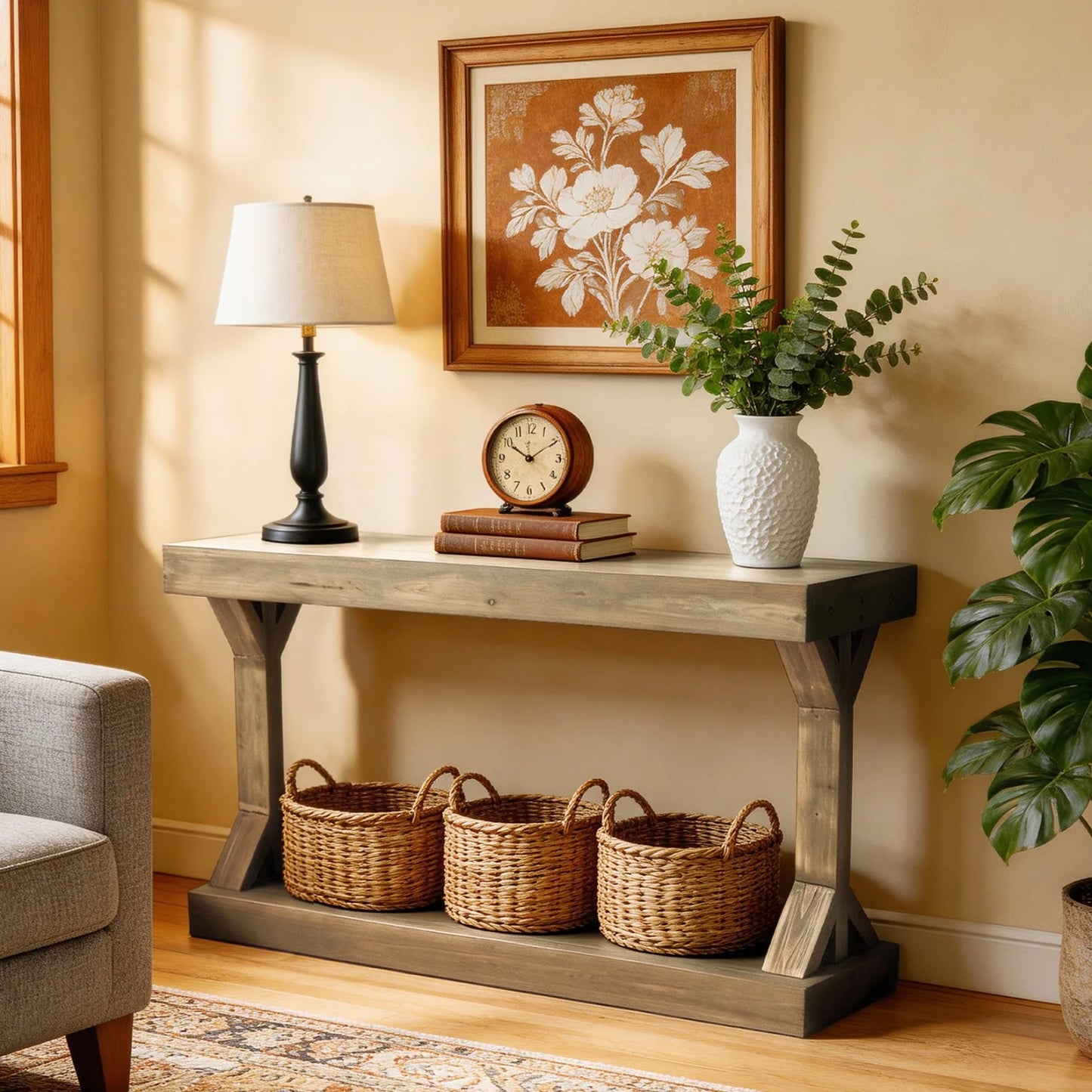 120cm Sofa Console Table for Entryway Living Room Foyers Farmhouse Wood Behind Couch Table with Storage Shelf