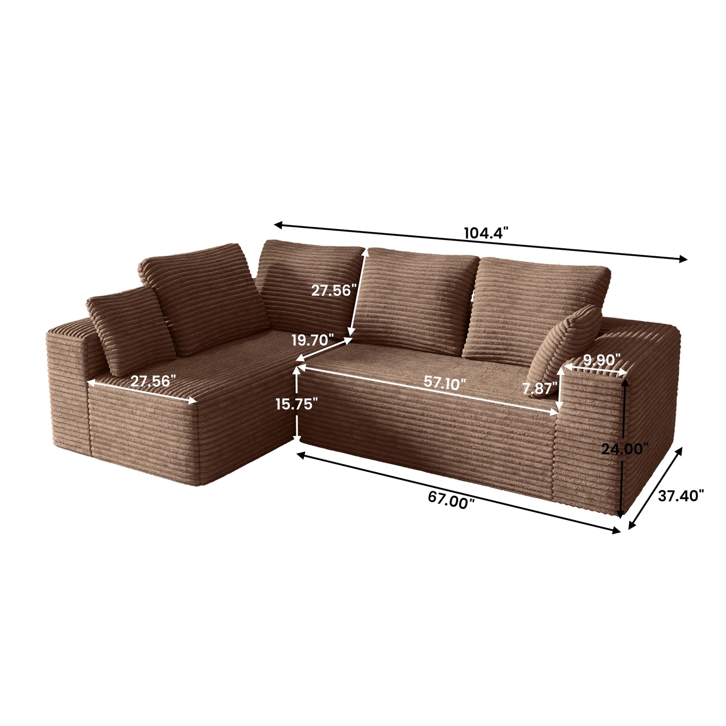 Sdorens 104" Cloud Sectional Couch with L-Shape Chaise,Modern Modular Boneless Sofa with Deep Seat for Living Room Bedroom