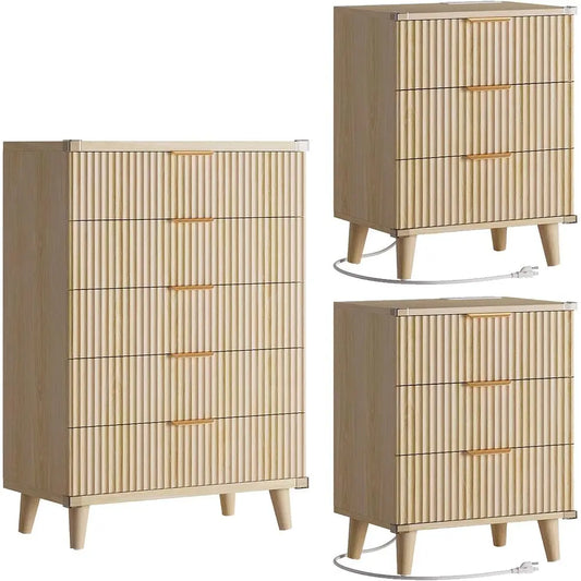 3-Piece Solid Wood Bedroom Set with Natural Oak Legs: 5-Drawer Dresser + 2 Nightstands