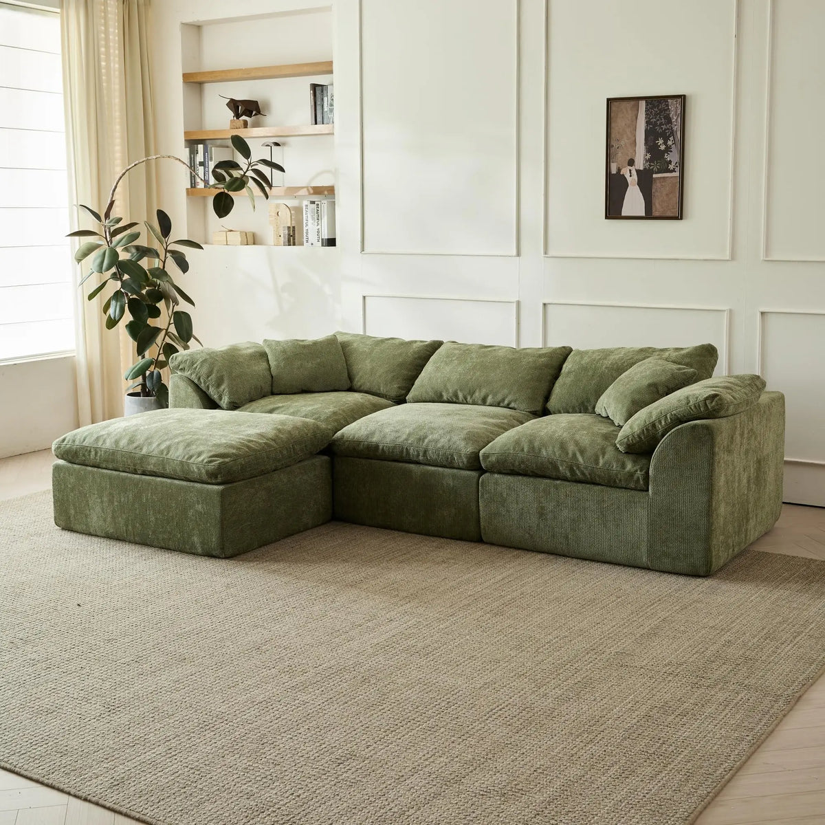 109" Modern Cloud L-Shaped 3-Seater Oversized Deep Seat Chenille Fabric Sofa green Modular Sectional with Ottoman