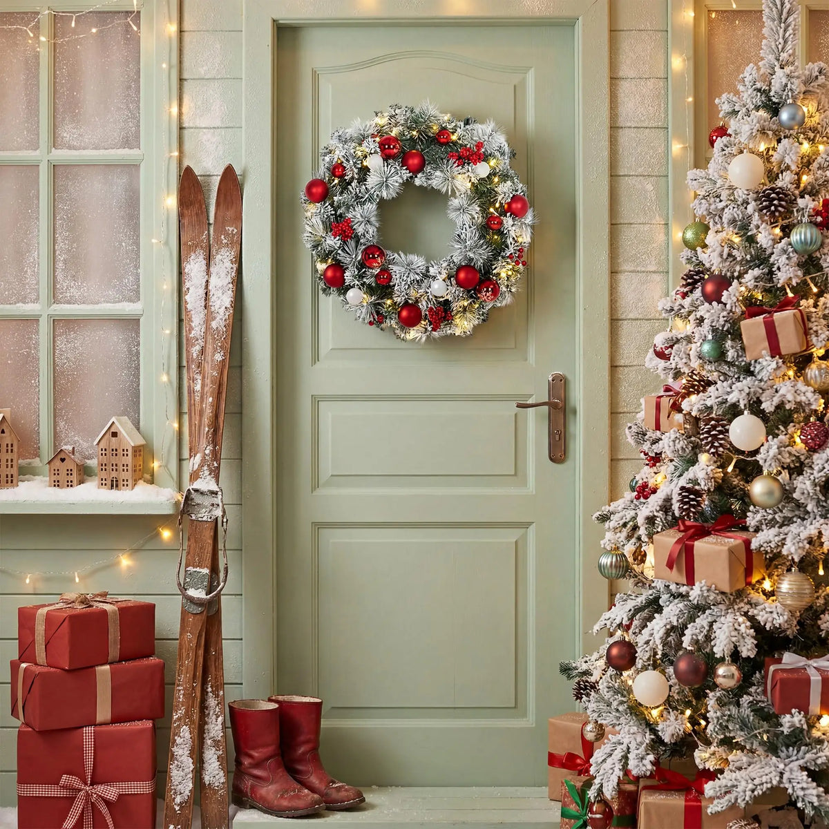 18/22/24in Pre-Lit Flocked Christmas Wreath With Red Ornaments Berries, Battery Warm White Led Snowy Pine Door Wall Mantel Decor