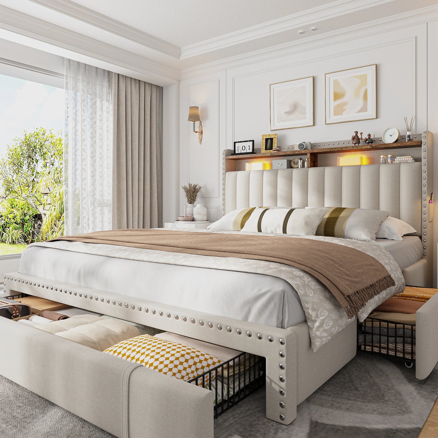 EnHomee Full/Queen/King Bed Frame with 3 Drawers & 2-Tier Storage Headboard,Upholstered Platform Bed Frame, No-Noise