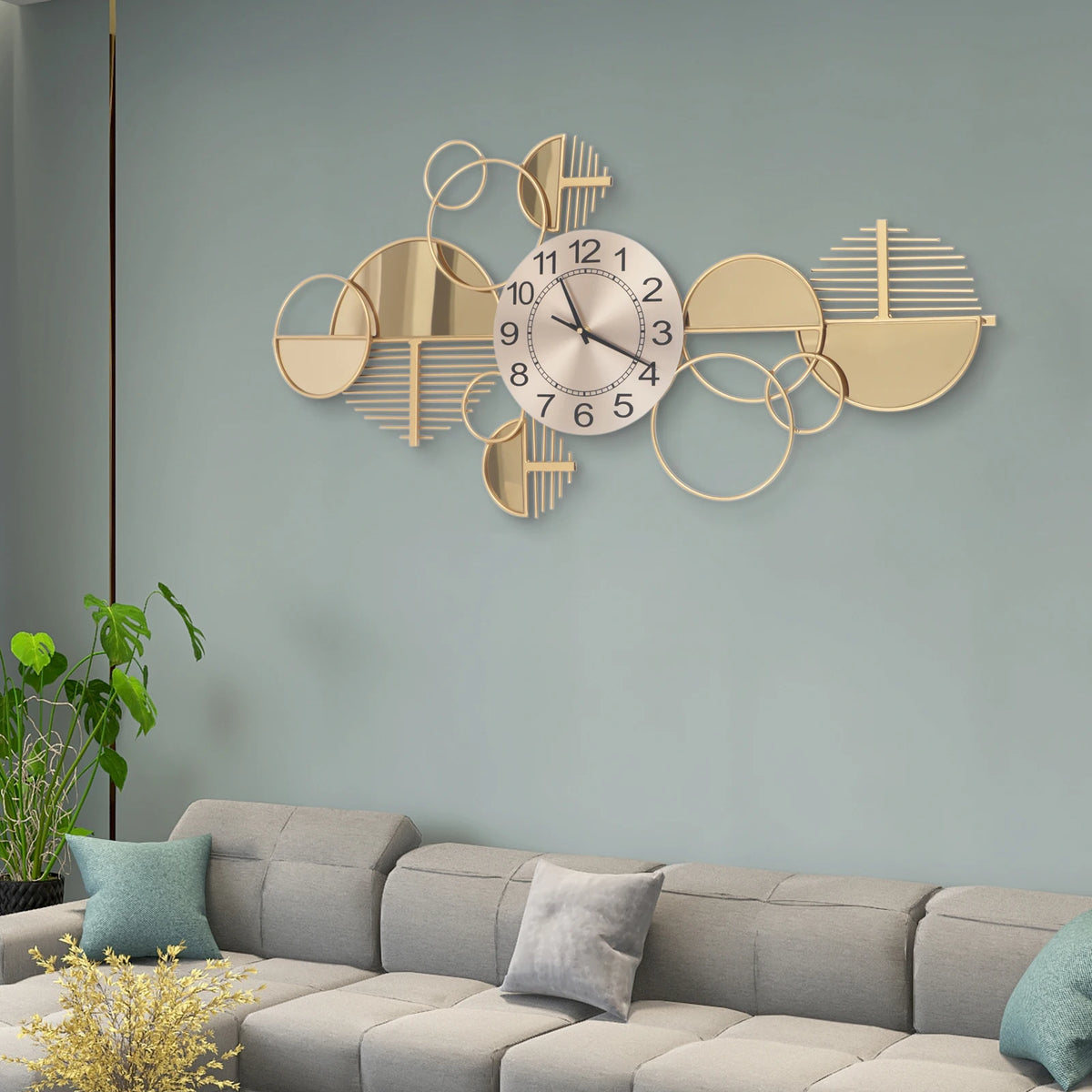 Geometric Wall Clock, 86x43cm Gold Iron Forged Timepiece, Silent Quartz Movement Clear Arabic Numerals Multi-position Hanging Slots Indoor Wall Decor For Living Room Office Cafe