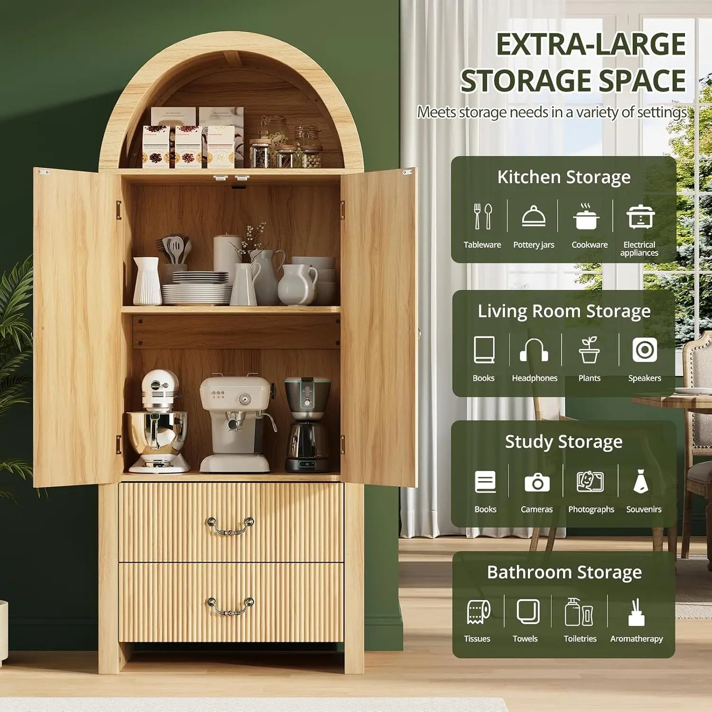 71" Arched Storage Cabinet with Fluted Doors, Tall Wood Pantry with Drawers & Adjustable Shelves, Natural Oak