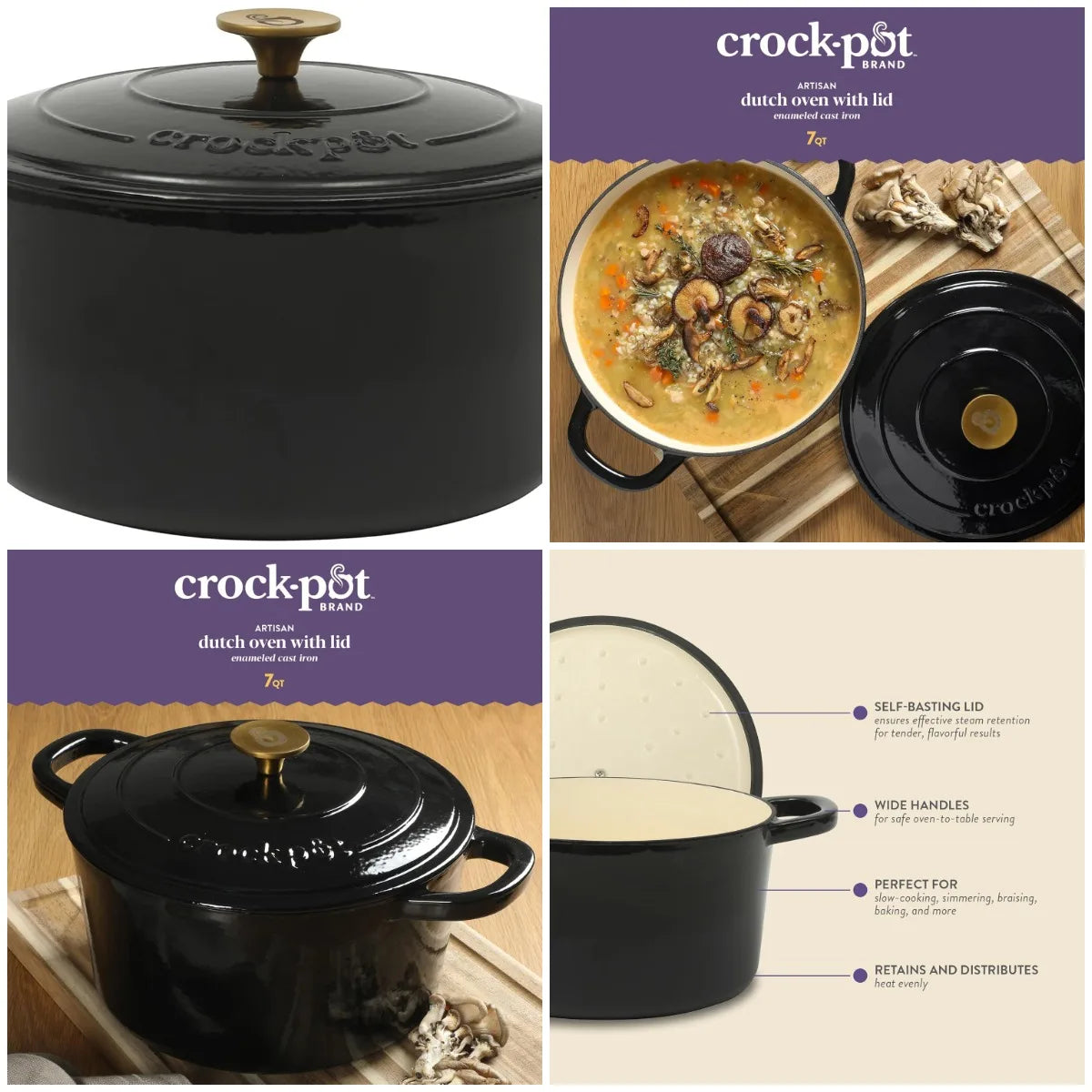 Crock Pot Artisan 7-Quart Round Cast Iron Dutch Oven with Lid – Black Enamel Finish, Gold Knob