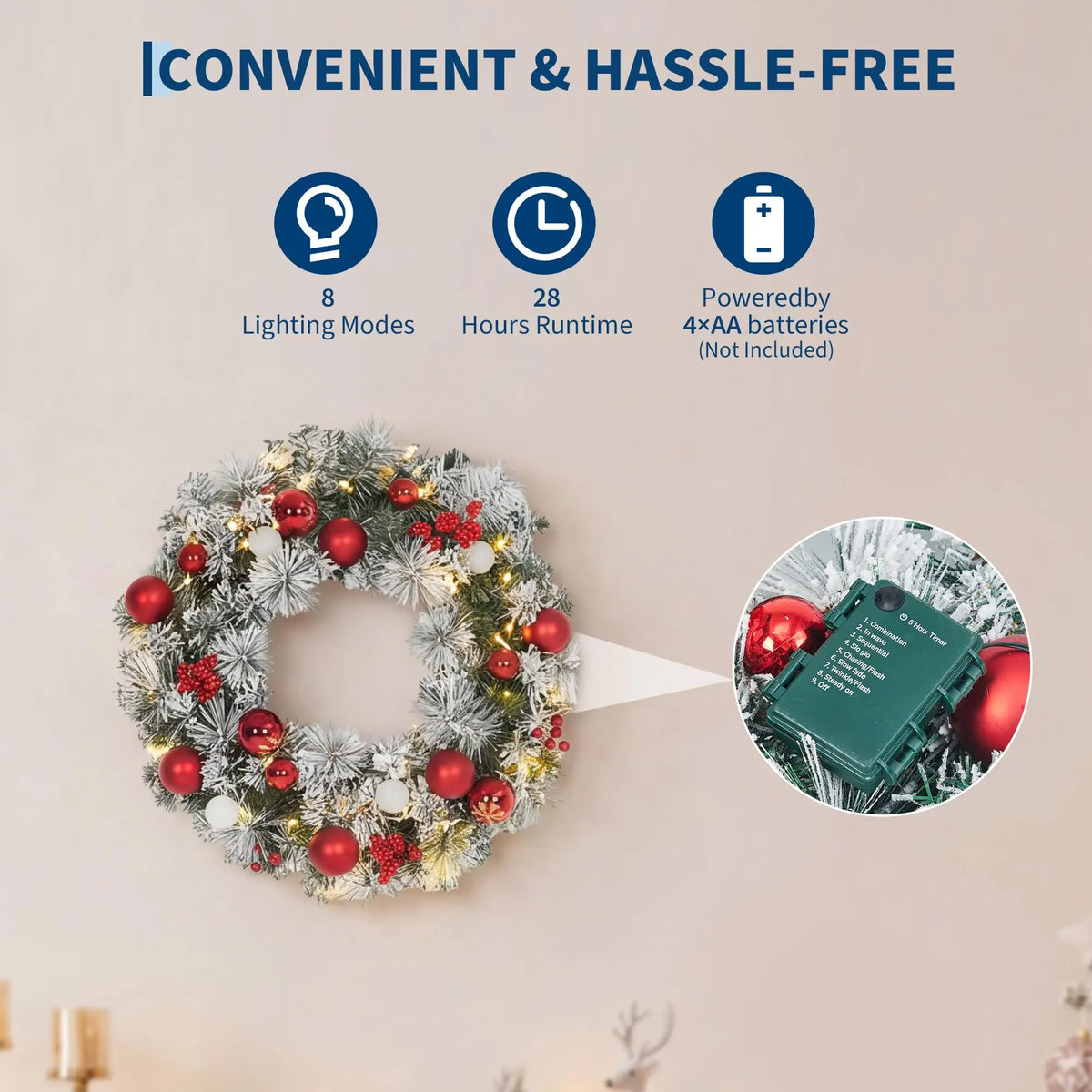 18/22/24in Pre-Lit Flocked Christmas Wreath With Red Ornaments Berries, Battery Warm White Led Snowy Pine Door Wall Mantel Decor