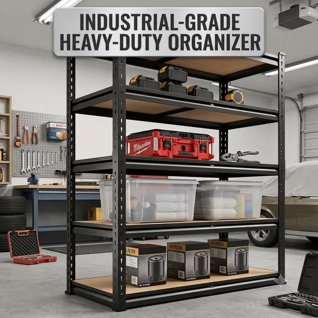 Heavy Duty Metal Storage Rack 5 Tier Adjustable Utility Shelving Unit with MDF Board Garage Organizer Tool Shelf for Basement Warehouse Kitchen Pantry Closet Multi-Purpose Storage Display Rack